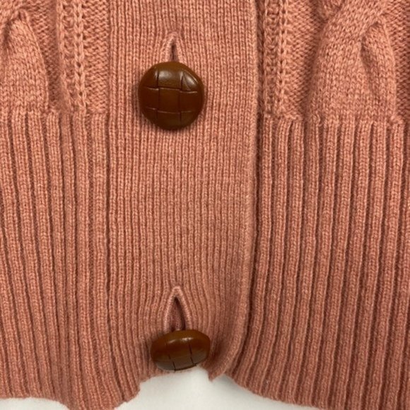 J.Crew S Salmon Cardigan Cable Knit Faux Leather Buttons Lambs Wool - Picture 12 of 14